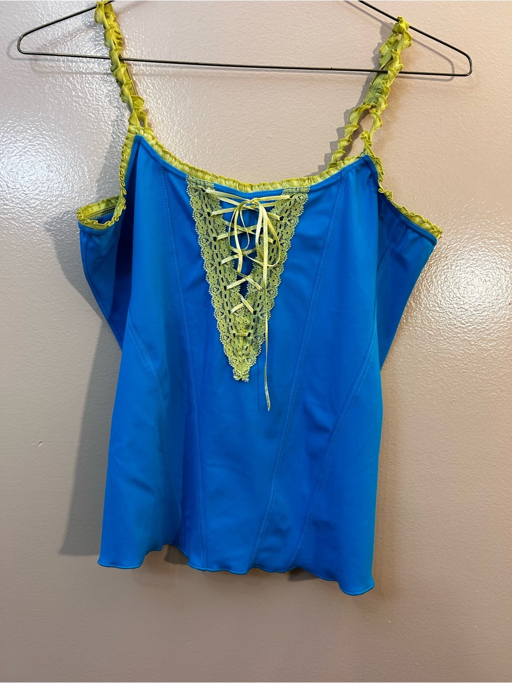 Blue Cami with Lime Lace Trim and Ruffle Straps